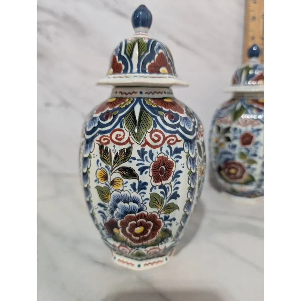 OUD Delft Made In Holland Matching Pair Signed Porcelain Hand Painted Jars